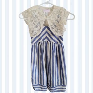 Bonnie Jean Blue White Striped Strappy Romper With Lace Shawl Size 6x Girls
